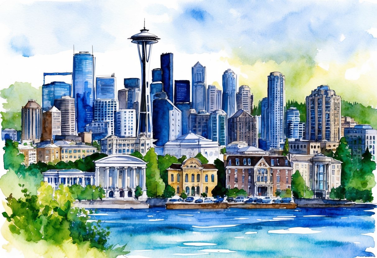 A bustling city skyline with a mix of modern skyscrapers and historic buildings, surrounded by lush greenery and bodies of water, symbolizing diverse real estate investments in Seattle