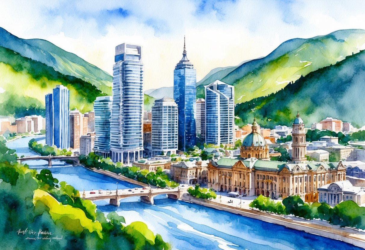 A bustling cityscape with modern high-rise buildings and historic architecture, surrounded by lush green mountains and a flowing river