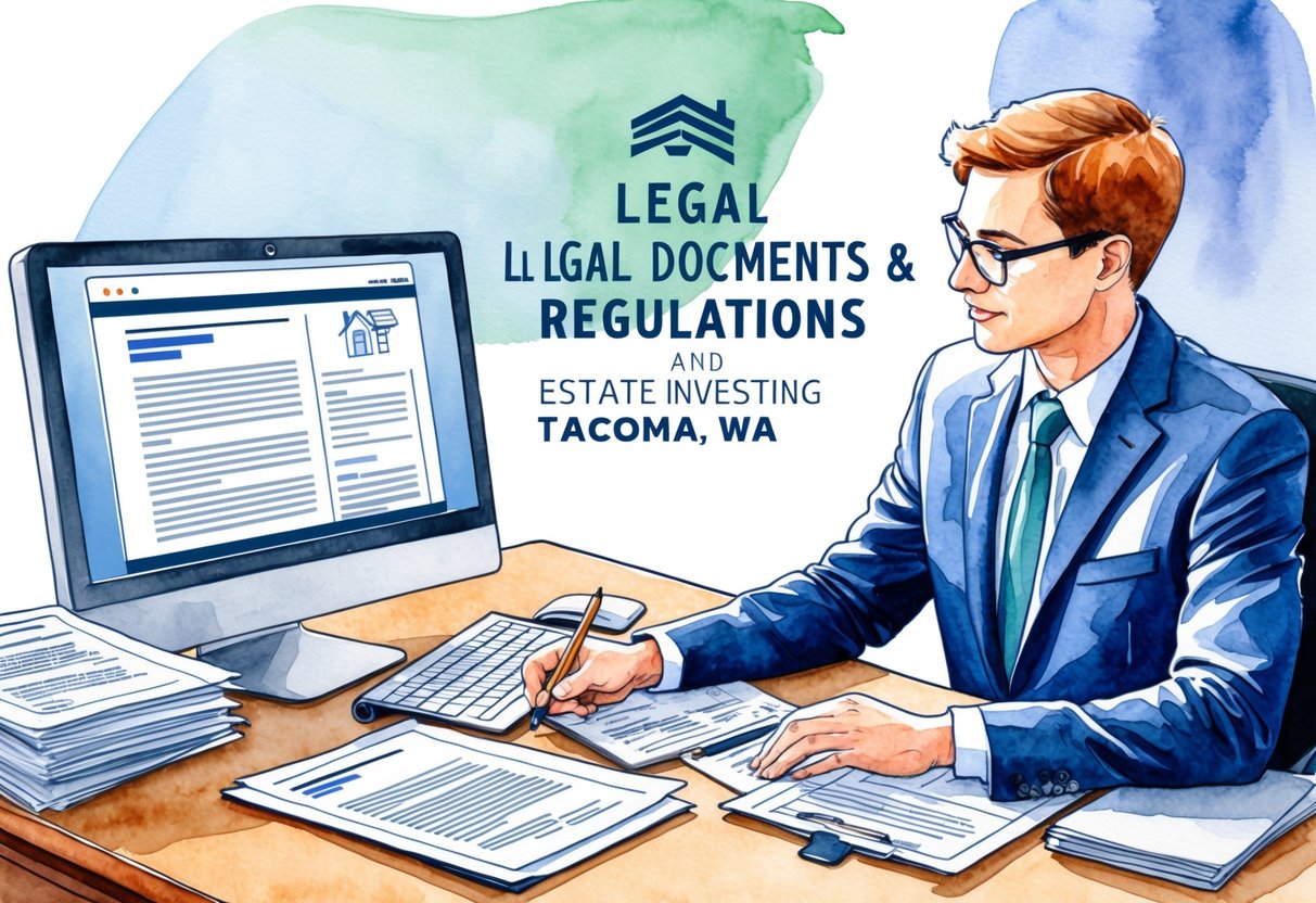 An illustration of a person reviewing legal documents and regulations related to real estate investing in Tacoma, WA. The person is seated at a desk with a computer and paperwork surrounding them