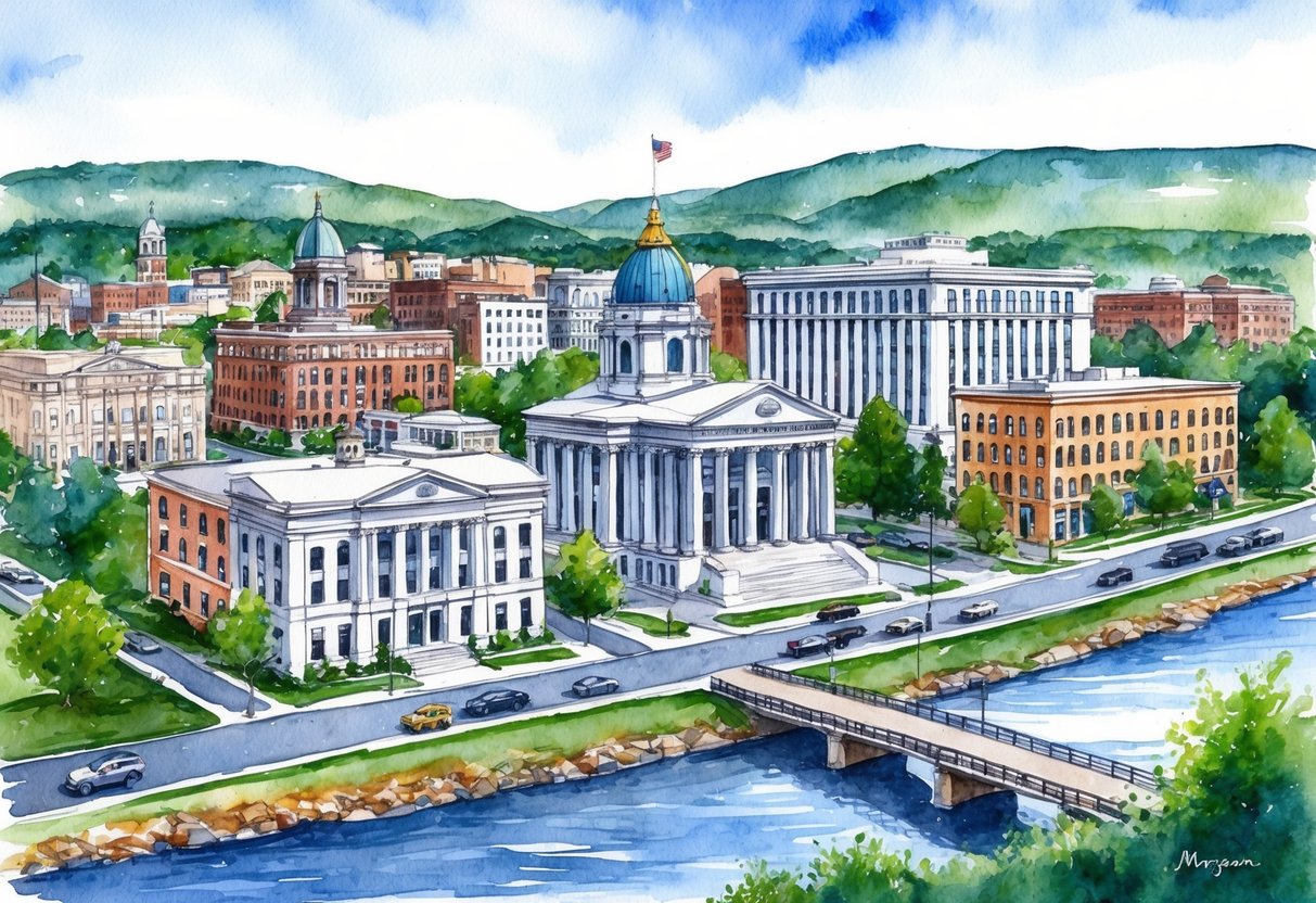 A cityscape of Morgantown, WV with prominent buildings and a courthouse, surrounded by nature and a river, representing legal and regulatory considerations for real estate investing
