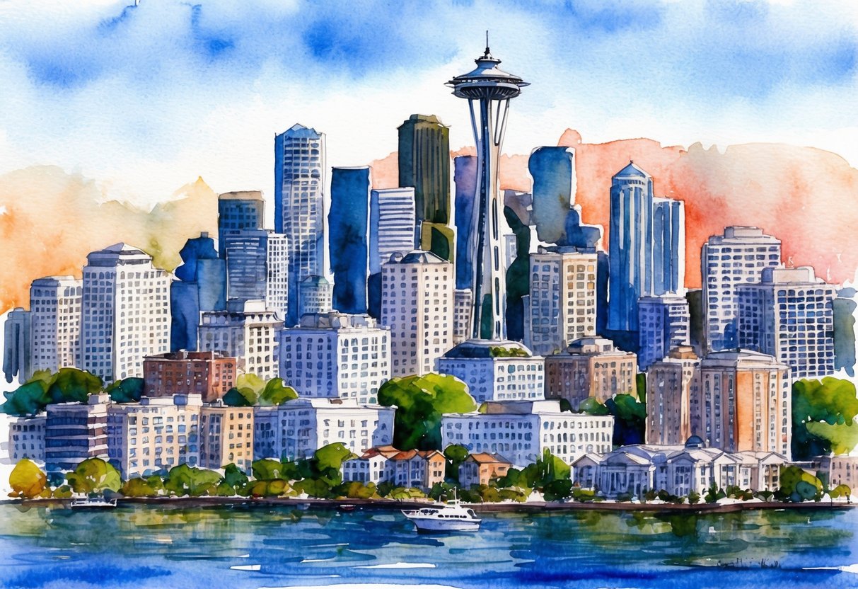 A bustling city skyline with prominent real estate buildings in Seattle, WA
