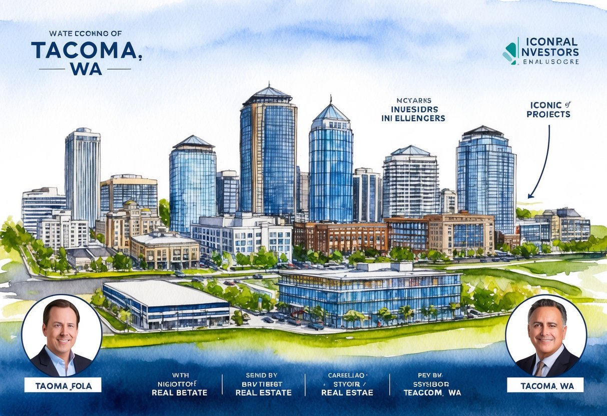 A skyline of Tacoma, WA with iconic buildings and real estate projects, surrounded by notable investors and influencers