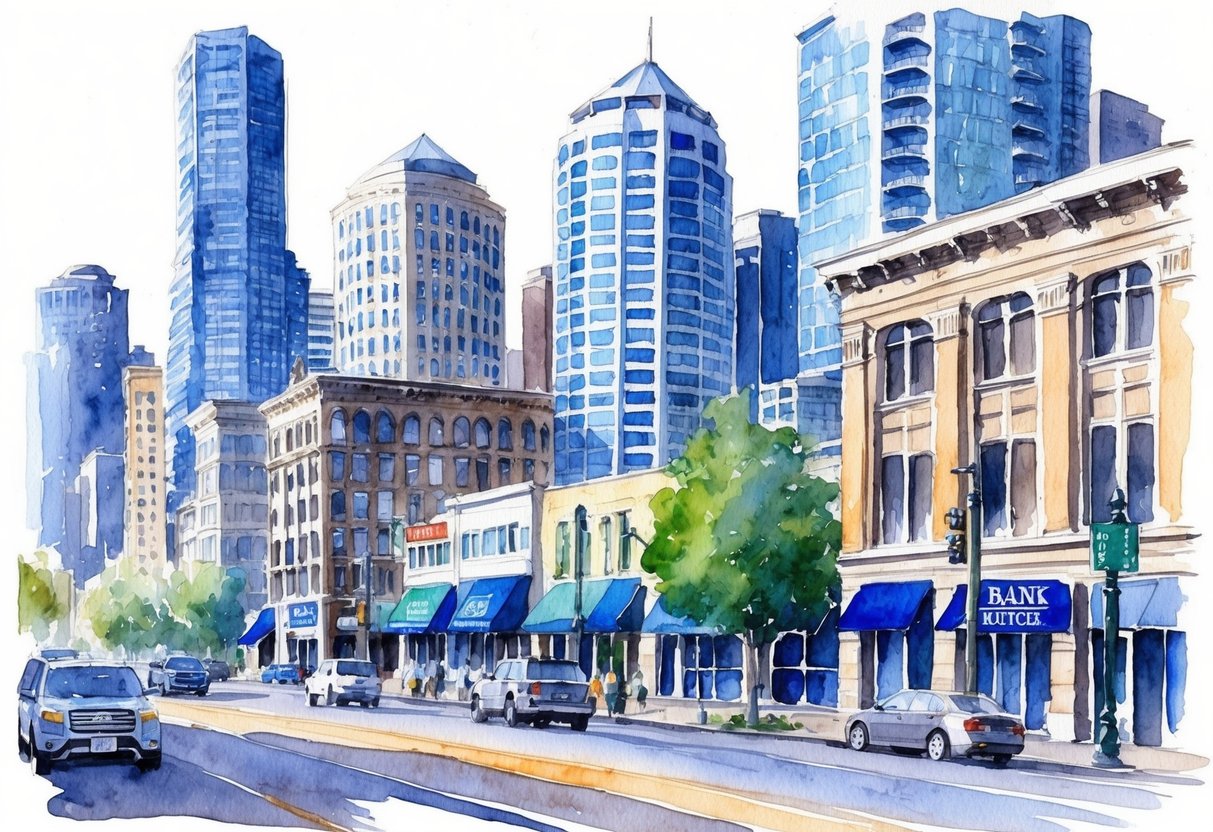 A busy city street in Seattle, with skyscrapers and a mix of modern and historic buildings. A real estate office and a bank stand out among the businesses
