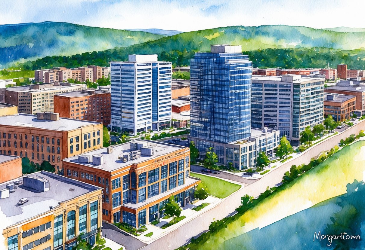 A bustling cityscape with modern office buildings and residential complexes in Morgantown, WV
