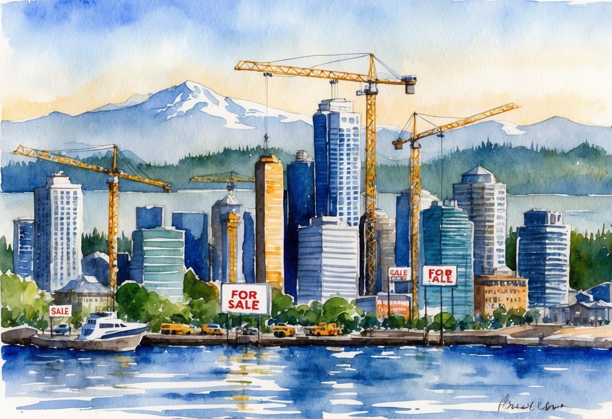 A bustling city skyline with "For Sale" signs and construction cranes against a backdrop of the Puget Sound and the Cascade mountains