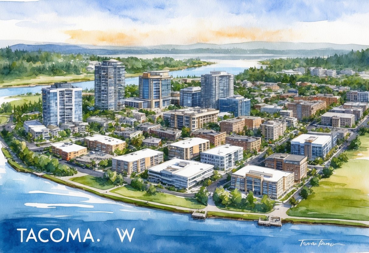 A cityscape of Tacoma, WA with various real estate properties, including residential and commercial buildings, surrounded by natural landscapes and waterways