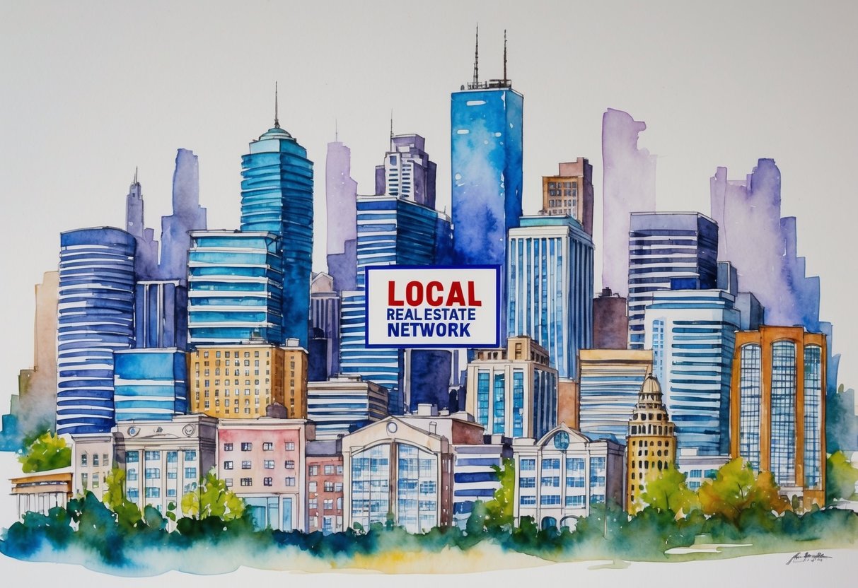A bustling city skyline with various types of buildings, including residential and commercial properties, with "Local Real Estate Network" prominently displayed on a sign