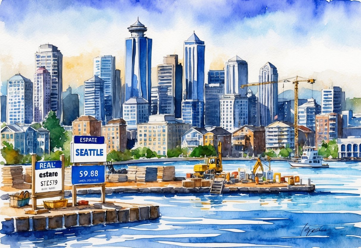 A bustling cityscape with skyscrapers and waterfront views, featuring real estate signs and construction tools in Seattle, WA