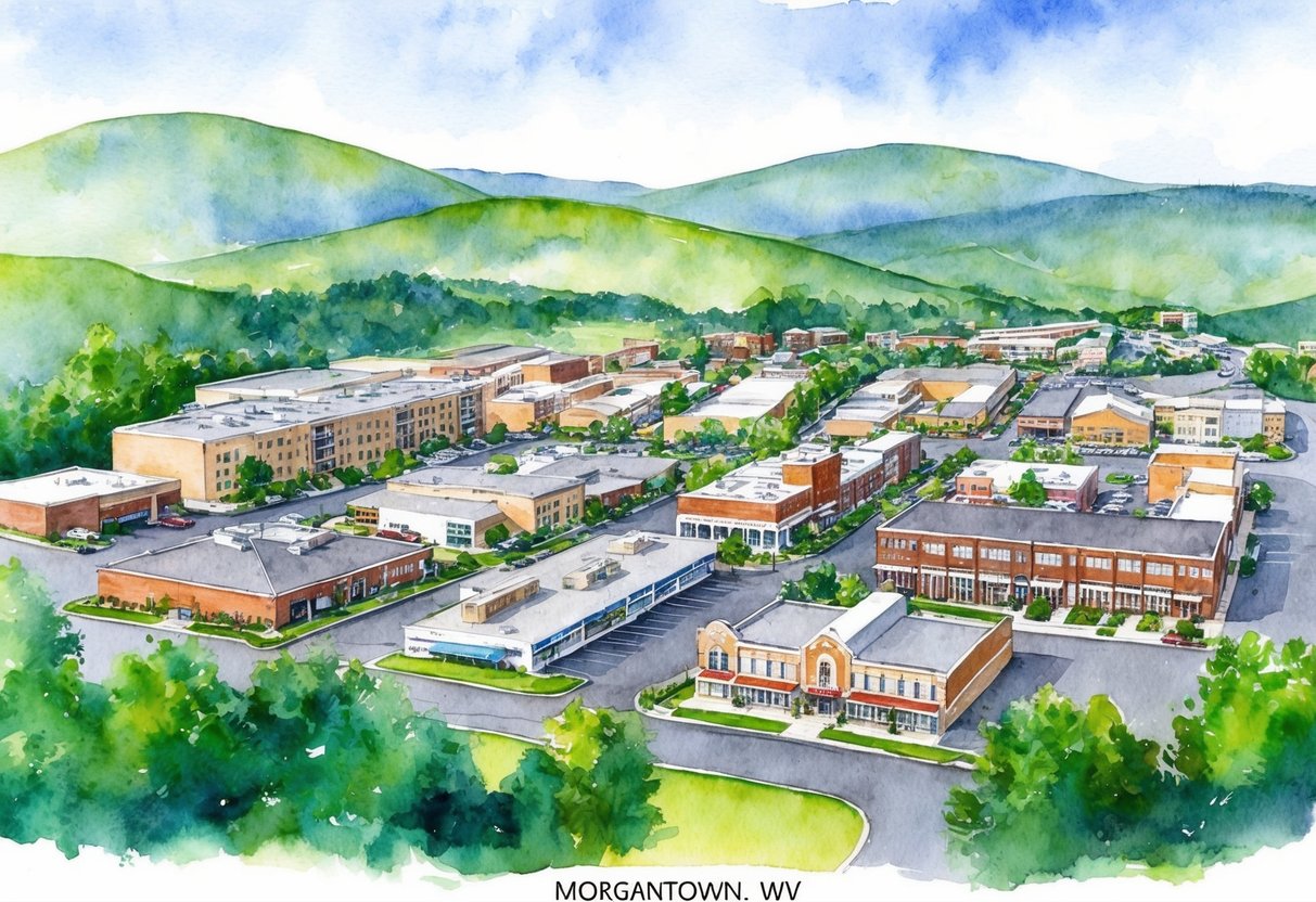 A panoramic view of Morgantown, WV with various properties, including residential and commercial buildings, surrounded by lush greenery and a backdrop of rolling hills