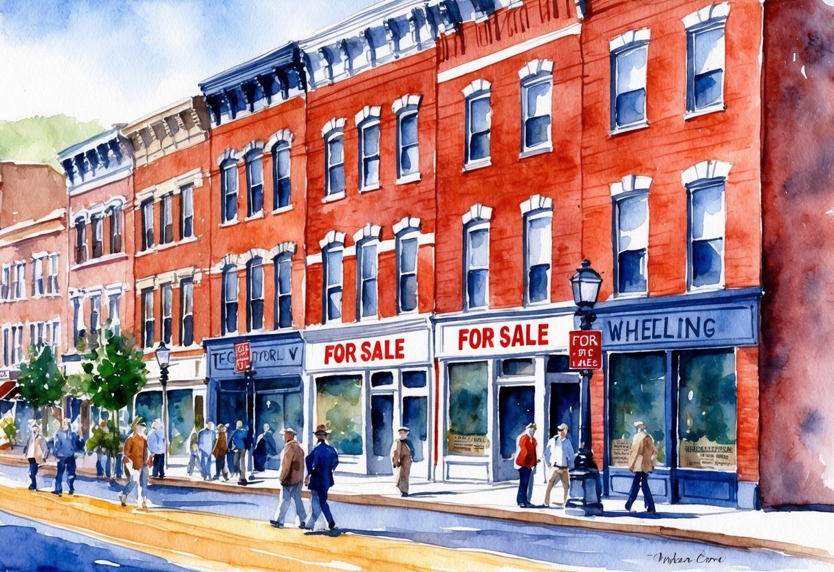 A row of historic brick buildings in downtown Wheeling, WV, with "For Sale" signs and bustling foot traffic