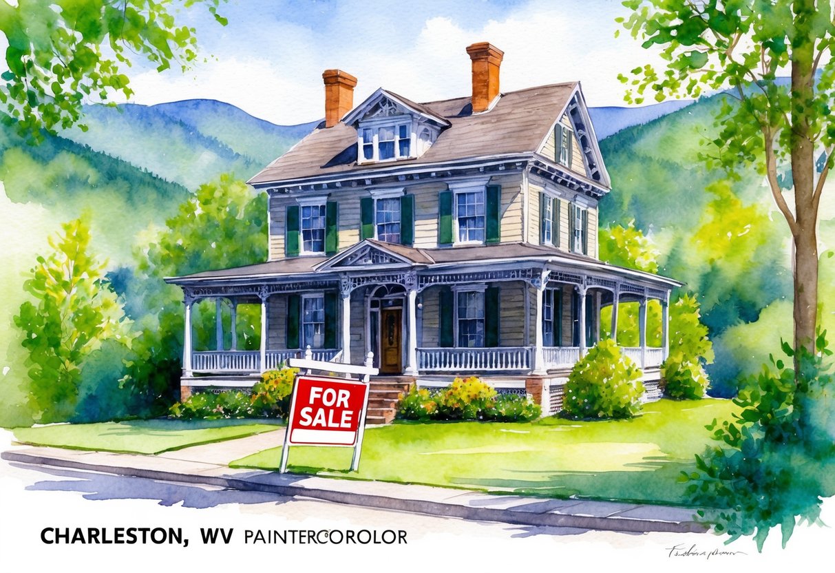 A charming historic home in Charleston, WV with a "For Sale" sign out front, surrounded by lush greenery and a picturesque mountain backdrop