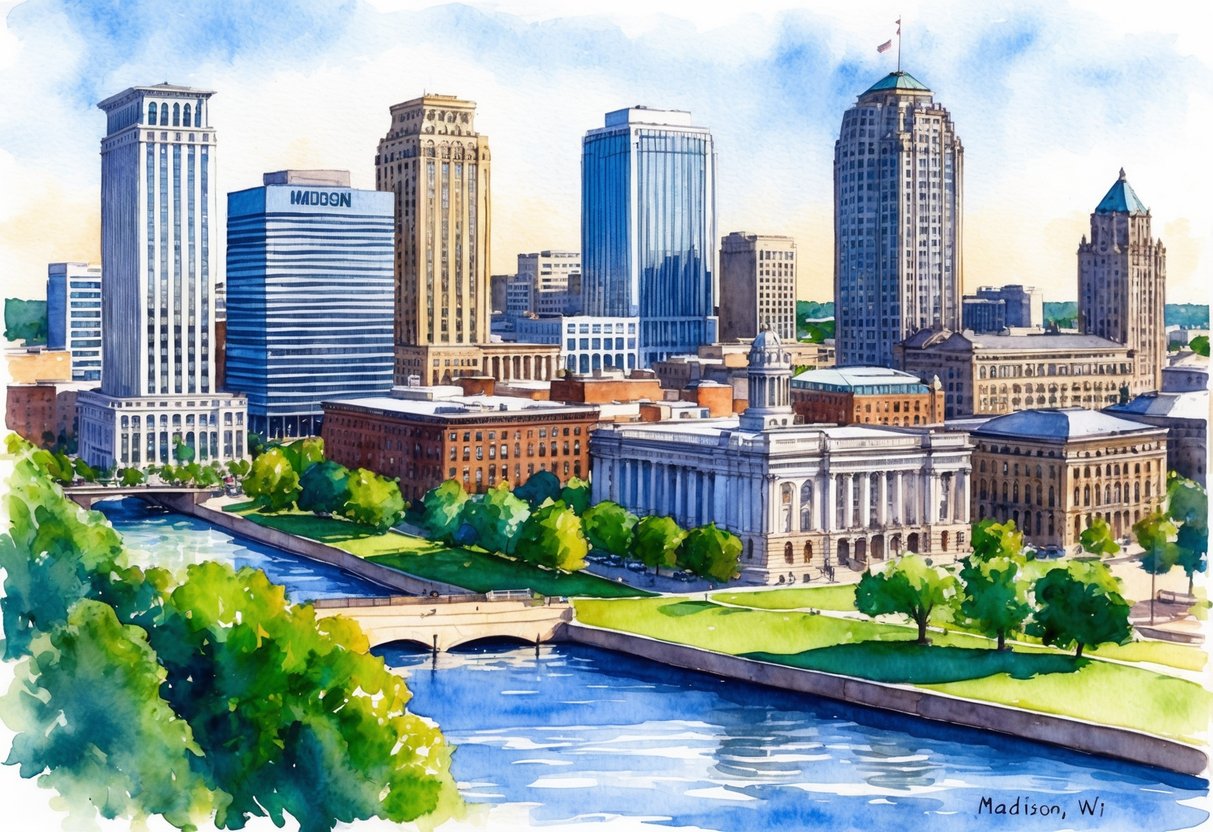 A bustling cityscape in Madison, WI with a mix of modern skyscrapers and historic buildings, surrounded by lush greenery and a scenic waterfront
