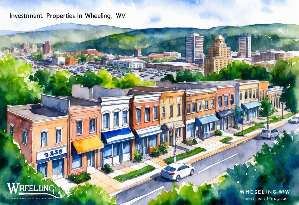 A row of diverse investment properties in Wheeling, WV, including residential homes, commercial buildings, and rental units, surrounded by lush greenery and a bustling cityscape