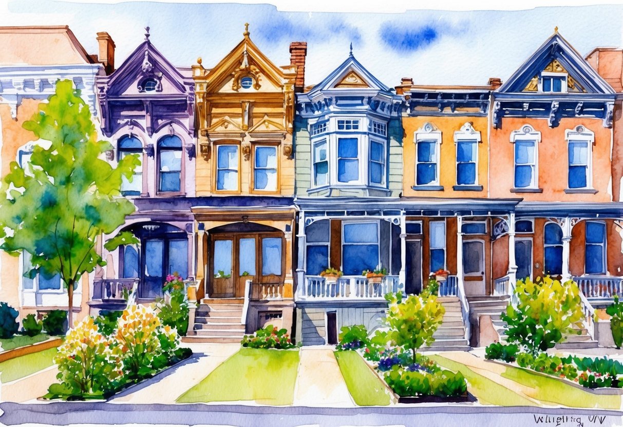 A row of historic and unique homes in Wheeling, WV, with ornate architecture and well-maintained gardens, showcasing the charm of the neighborhood