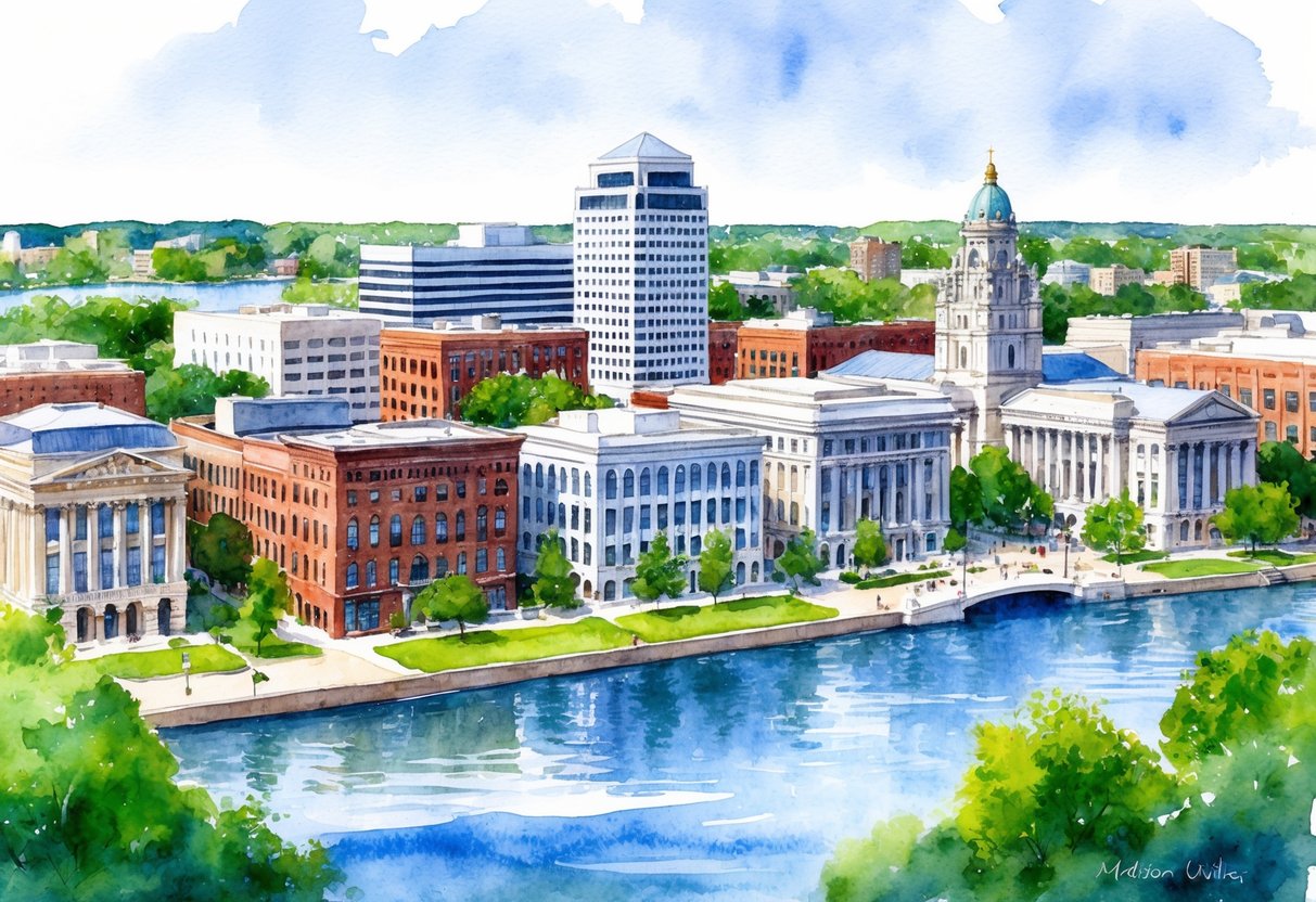 A bustling downtown Madison, WI with a mix of historic and modern buildings, surrounded by picturesque lakes and lush greenery