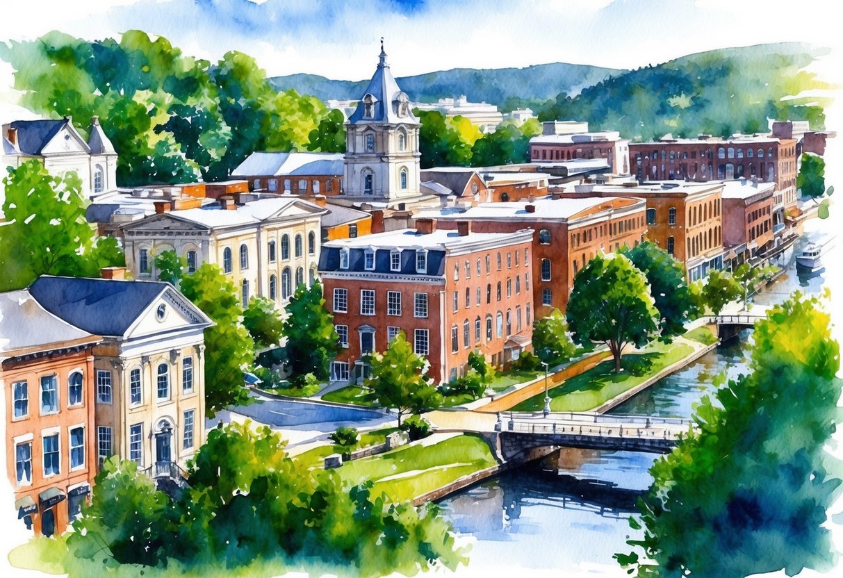 A scenic view of Charleston, WV with historic buildings and lush greenery, showcasing the potential for real estate investing in the city