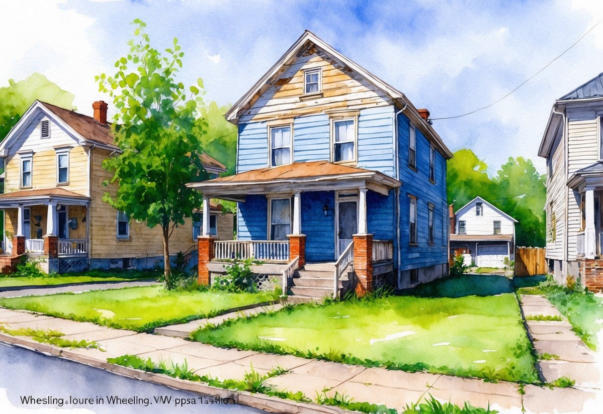 A dilapidated house in Wheeling, WV with overgrown yard and peeling paint. Nearby properties show signs of renovation and potential for value-add opportunities
