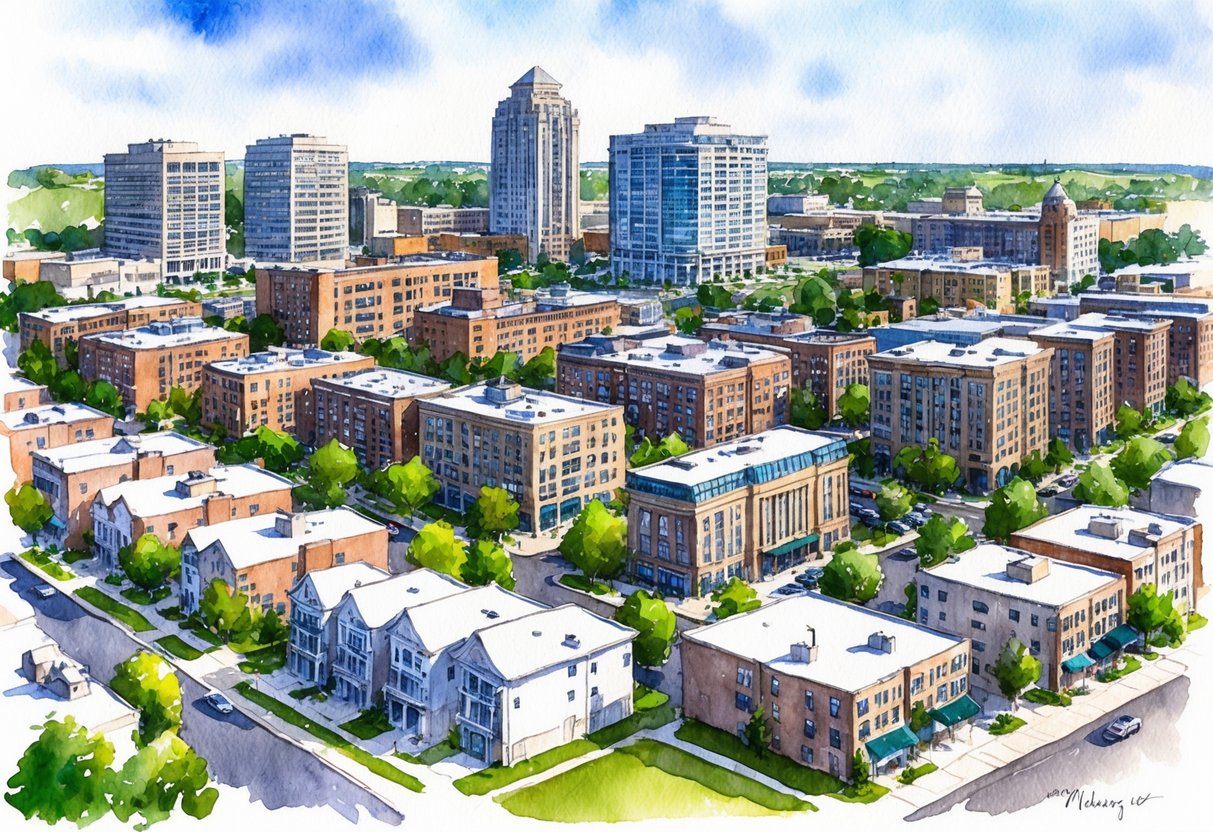 A bustling cityscape with various real estate properties including residential homes, commercial buildings, and apartment complexes in Madison, WI