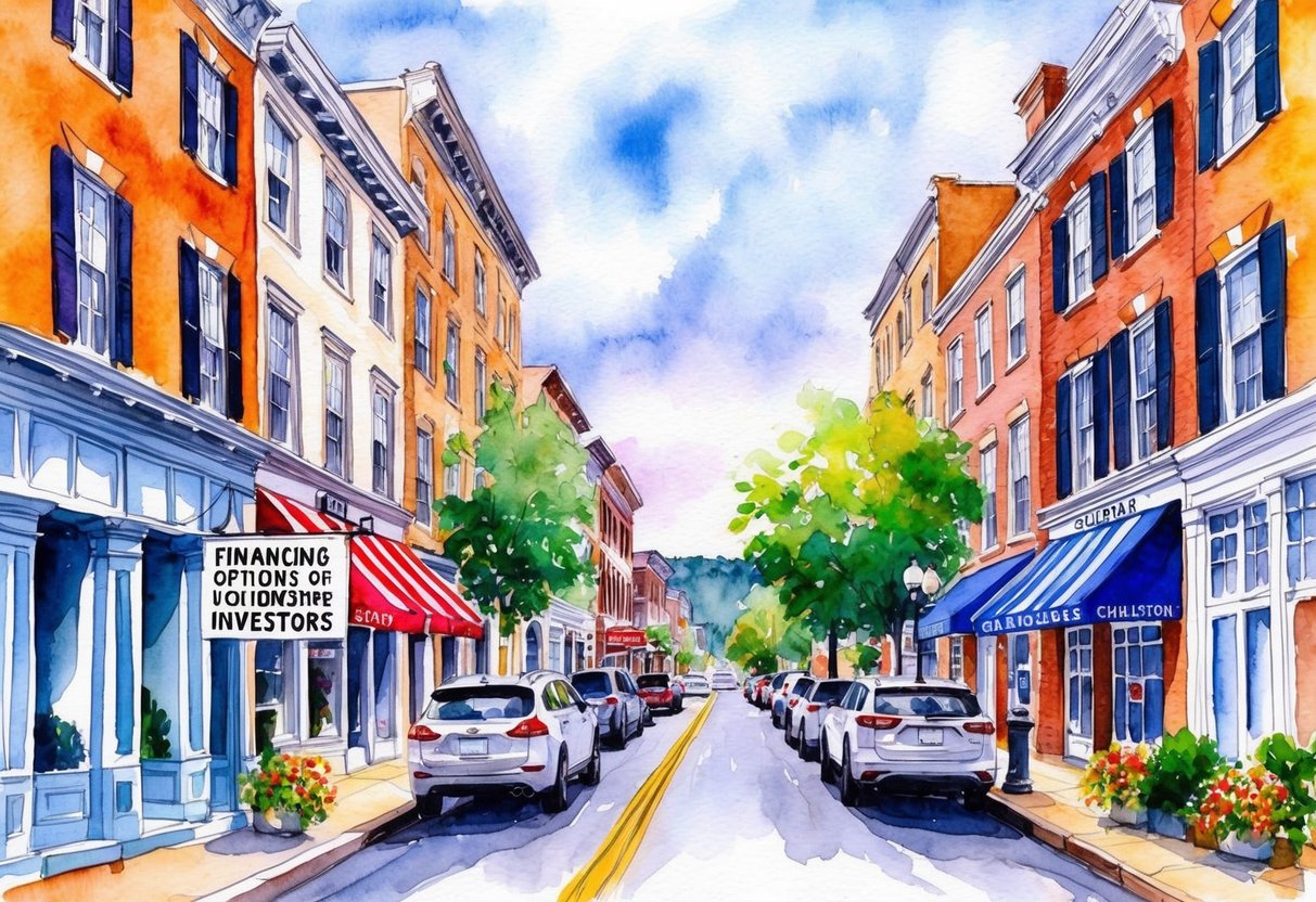 A bustling street in Charleston, WV with rows of charming historic buildings and a mix of residential and commercial properties. A "Financing Options for Charleston Investors" sign hangs outside a real estate office