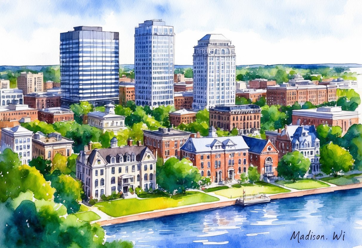 A bustling cityscape in Madison, WI with a mix of modern high-rise buildings and historic homes, surrounded by lush greenery and a serene lake