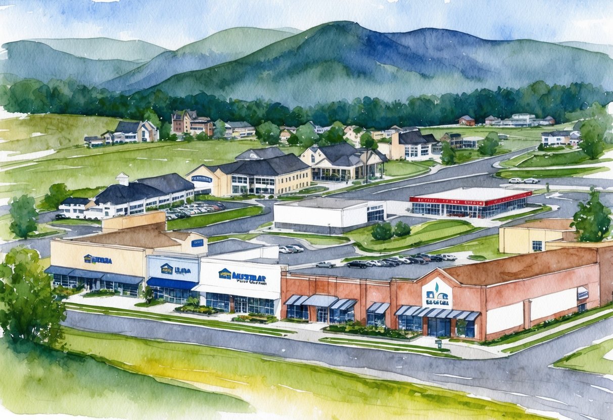 A rural landscape with a mix of residential and commercial properties, including houses, office buildings, and retail spaces, set against the backdrop of the Appalachian Mountains
