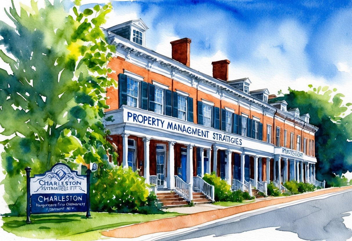 A row of historic buildings in Charleston, WV, with "Property Management Strategies" signage, surrounded by lush greenery and a clear blue sky