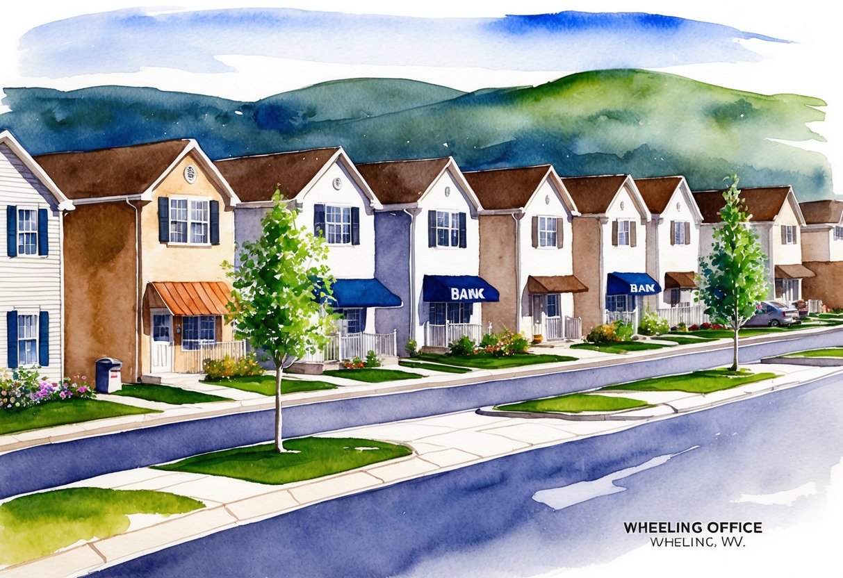A suburban neighborhood with rows of houses, a bank, and a real estate office in Wheeling, WV