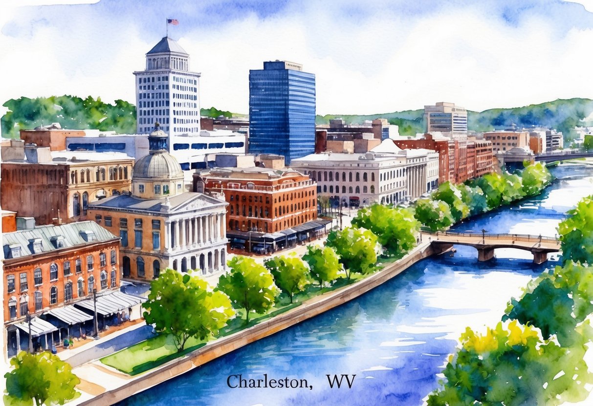 A bustling cityscape in Charleston, WV with a mix of historic and modern buildings, surrounded by lush greenery and a river flowing through the city