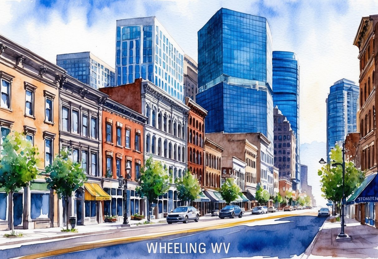 A bustling downtown street in Wheeling, WV, lined with historic buildings and modern skyscrapers, showcasing the diverse commercial real estate opportunities available for investing