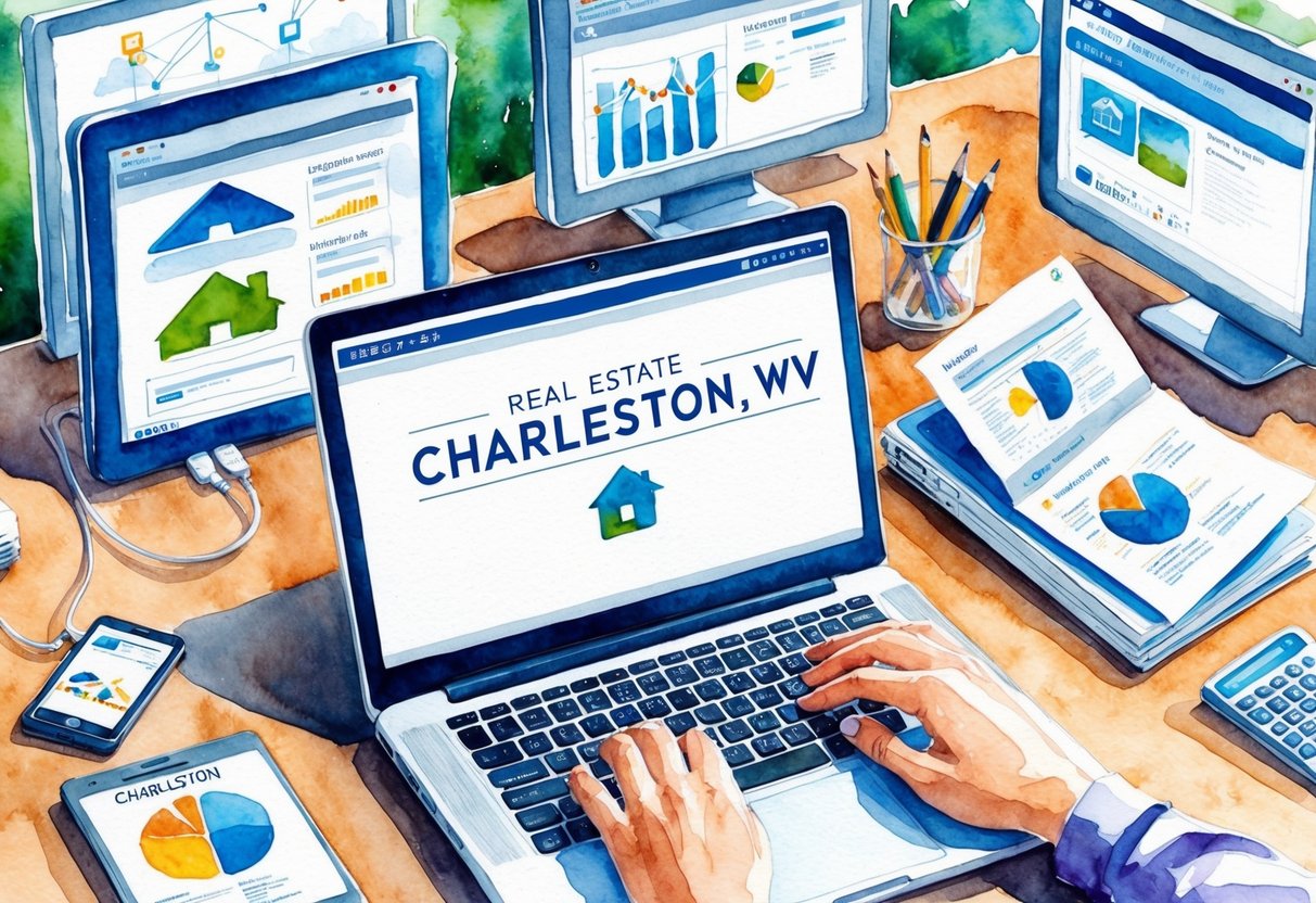 A person using a laptop to research real estate in Charleston, WV while surrounded by technology and informational resources