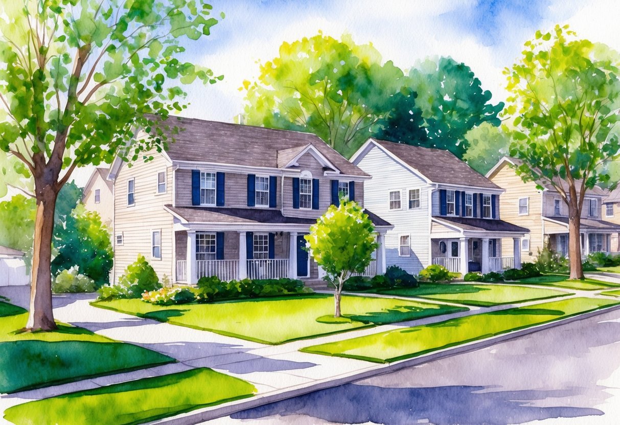 A sunny suburban neighborhood in Appleton, WI with well-maintained houses and lush green lawns, surrounded by trees and a peaceful atmosphere