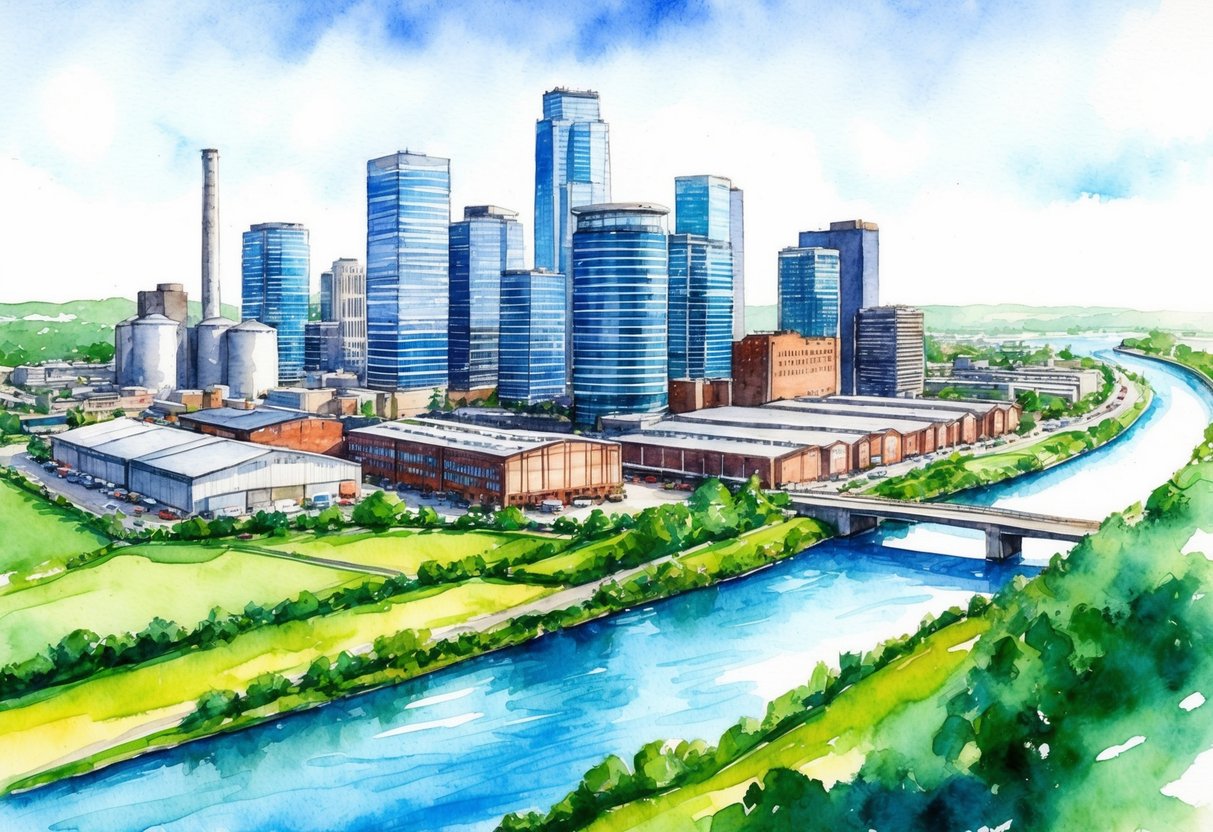 A bustling city skyline with modern office buildings and industrial warehouses, surrounded by lush green landscapes and a river flowing through the city