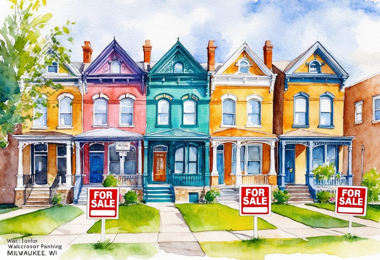 A row of colorful historic houses in Milwaukee, WI, with "For Sale" signs displayed in front yards