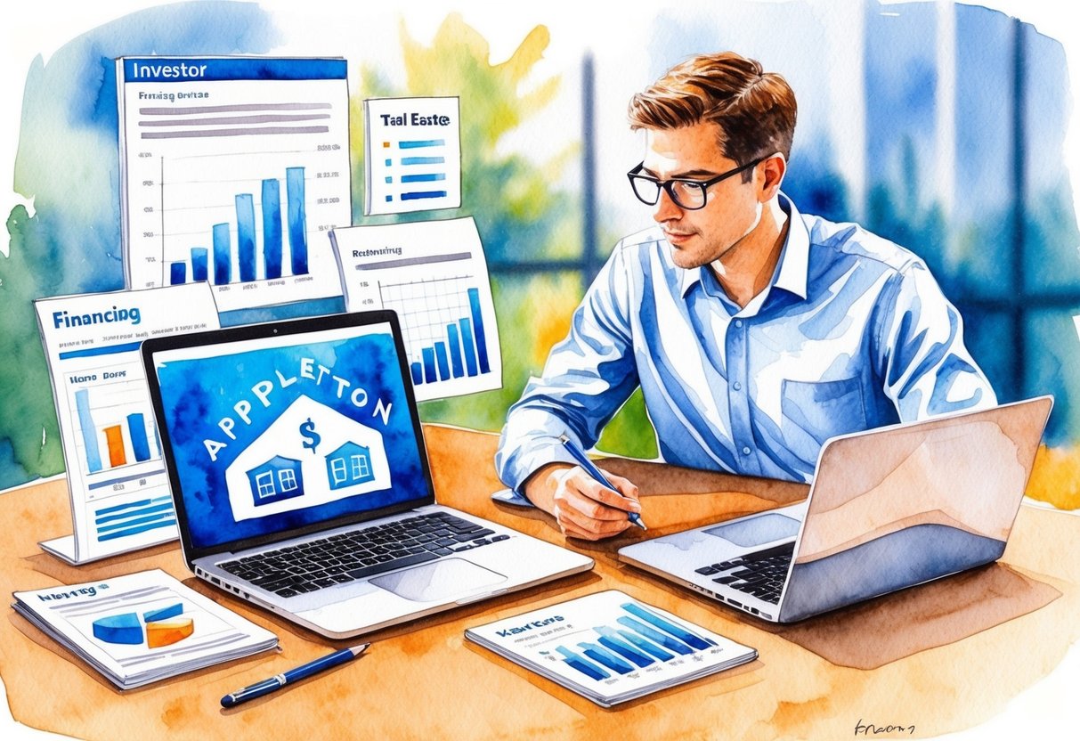 An investor in Appleton, WI researching financing strategies for real estate, surrounded by charts, graphs, and a laptop