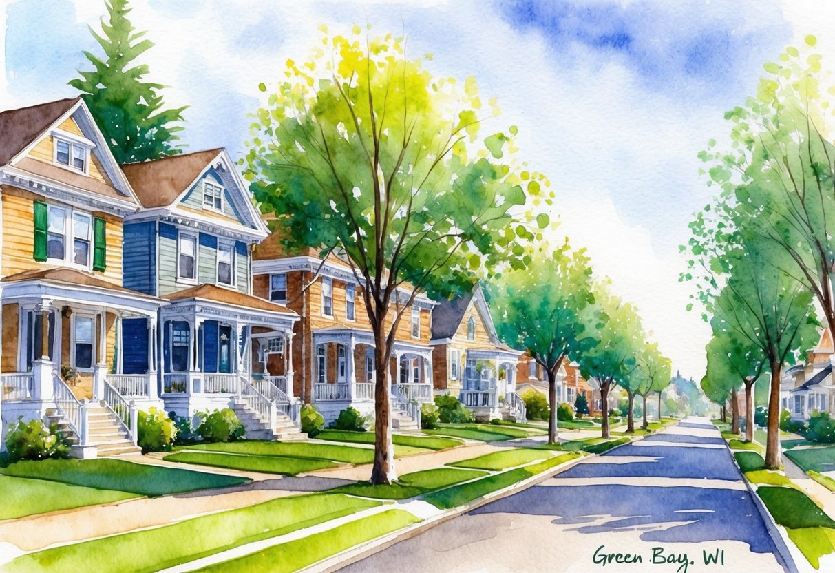 A quaint neighborhood in Green Bay, WI with rows of charming houses, lush green lawns, and tall trees lining the streets