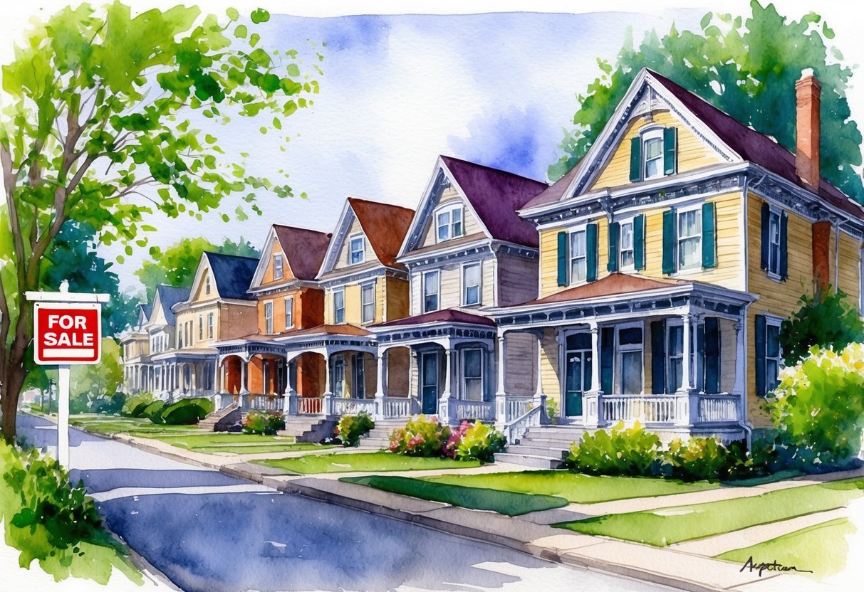 A row of quaint historic homes in Appleton, WI, with "For Sale" signs, surrounded by lush greenery and a peaceful neighborhood ambiance