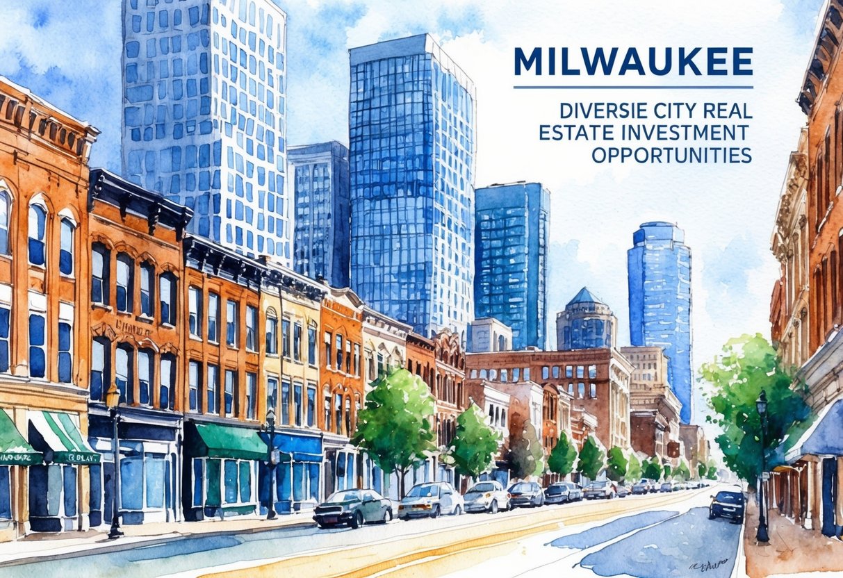 A bustling city street in Milwaukee, with rows of historic buildings and modern skyscrapers, showcasing the diverse real estate investment opportunities