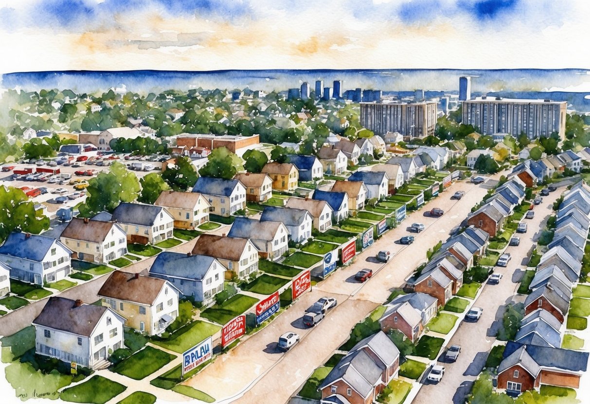 Aerial view of Green Bay, WI with rows of houses, real estate signs, and a bustling market area