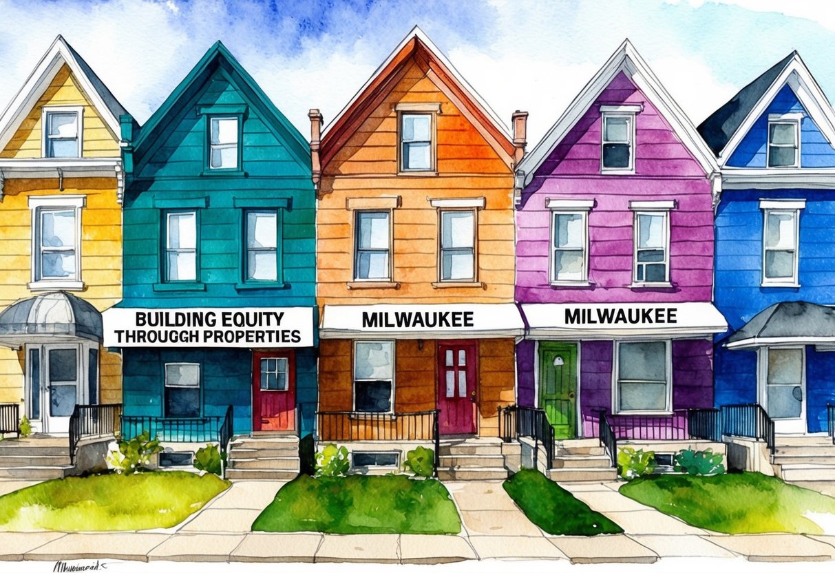 A row of colorful houses in Milwaukee, WI, with "Building Equity Through Properties" sign displayed