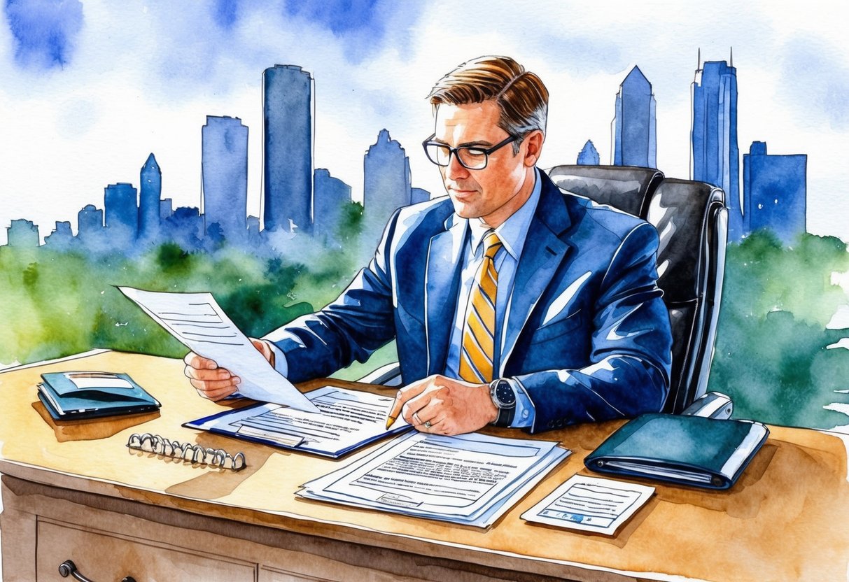 A real estate investor in Milwaukee, WI reviews legal and tax documents at a desk with a city skyline in the background