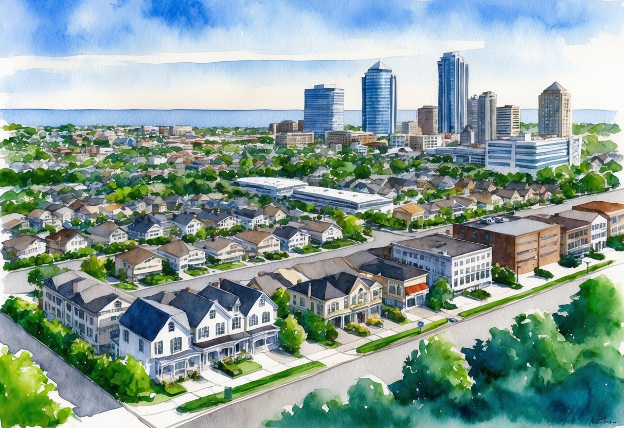 A bustling Green Bay neighborhood with diverse real estate properties, from single-family homes to commercial buildings, surrounded by lush greenery and clear blue skies