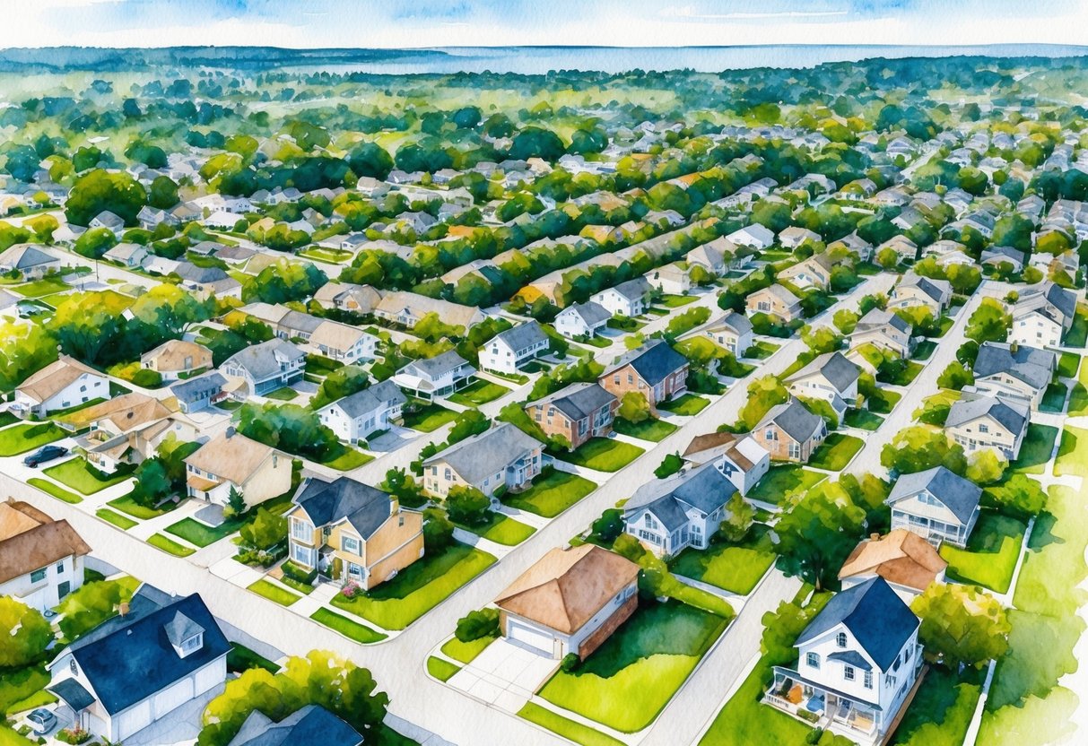 Aerial view of residential neighborhoods in Green Bay, WI with tree-lined streets and various types of homes, showcasing potential investment opportunities for real estate investors
