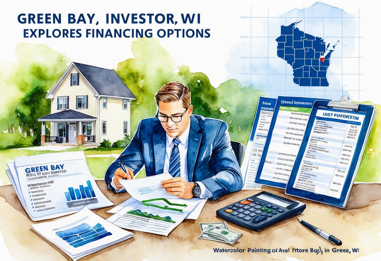 A real estate investor in Green Bay, WI explores financing options, surrounded by property listings, financial documents, and a map of the area