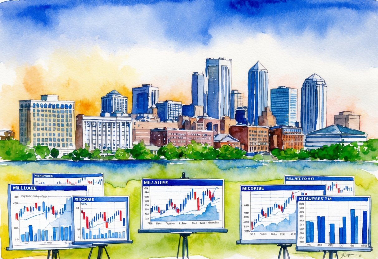 A skyline of Milwaukee, WI with various real estate properties and financial charts in the foreground