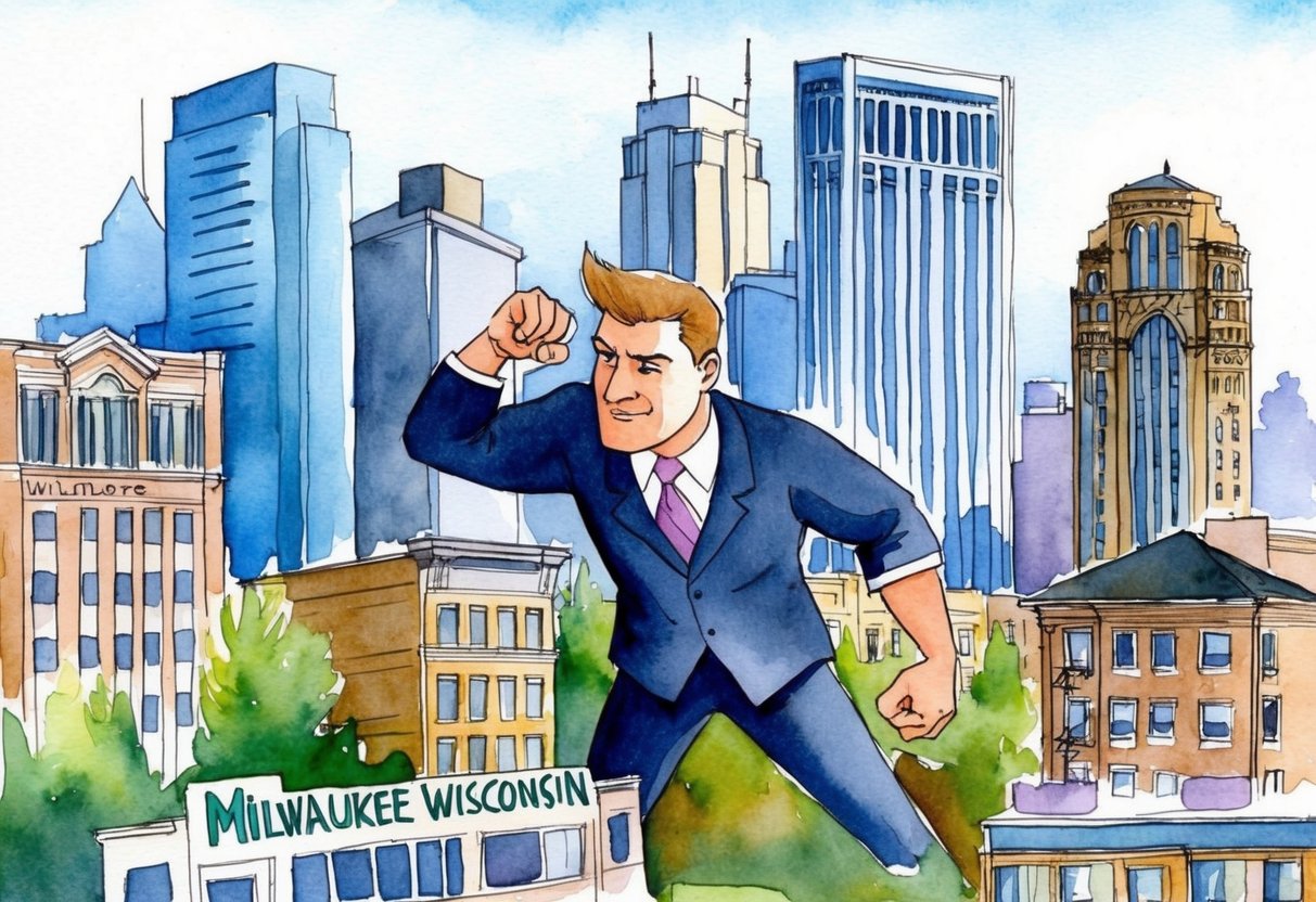 A determined figure strategizing amidst urban buildings and properties in Milwaukee, Wisconsin, symbolizing the challenges of real estate investing