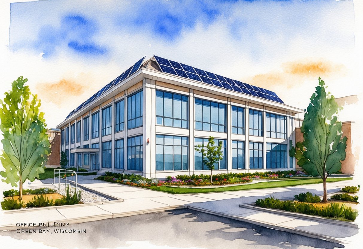 A modern office building in Green Bay, Wisconsin with a landscaped courtyard and solar panels on the roof