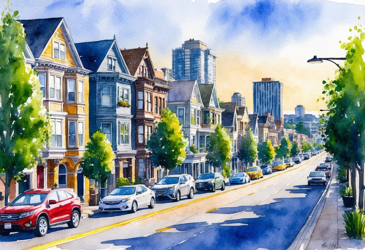 A bustling Green Bay street lined with diverse real estate properties, from historic homes to modern developments, showcasing the potential risks and challenges of investing in the local real estate market