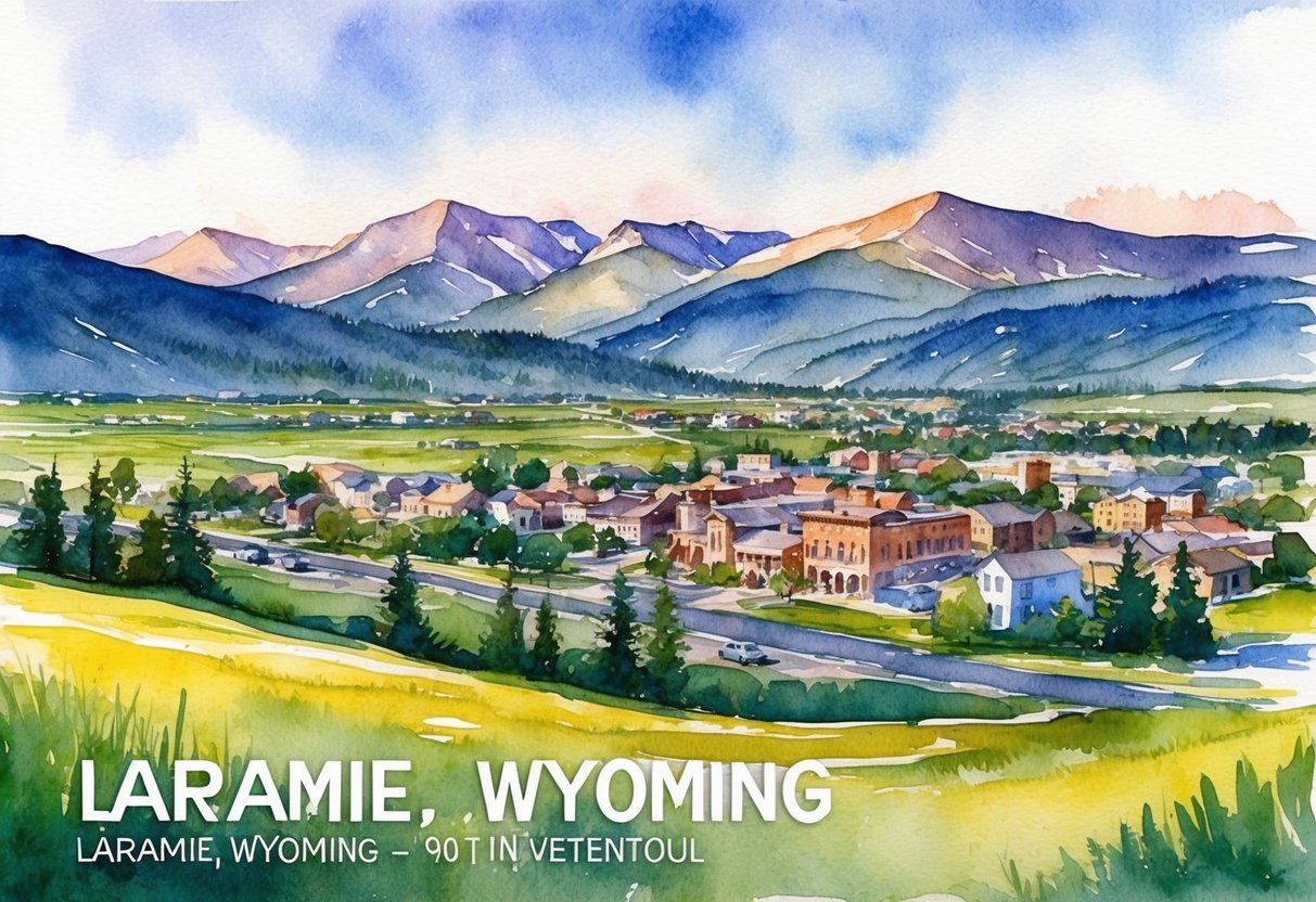 A beautiful landscape in Laramie, Wyoming with mountains in the background and a quaint town nestled in the valley, showcasing the potential for real estate investment