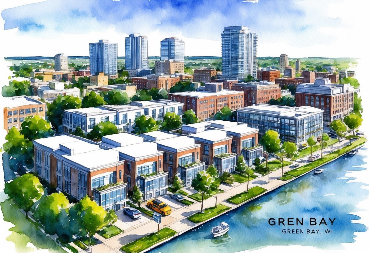 A vibrant cityscape of Green Bay, WI with modern real estate properties surrounded by lush greenery and a bustling local market