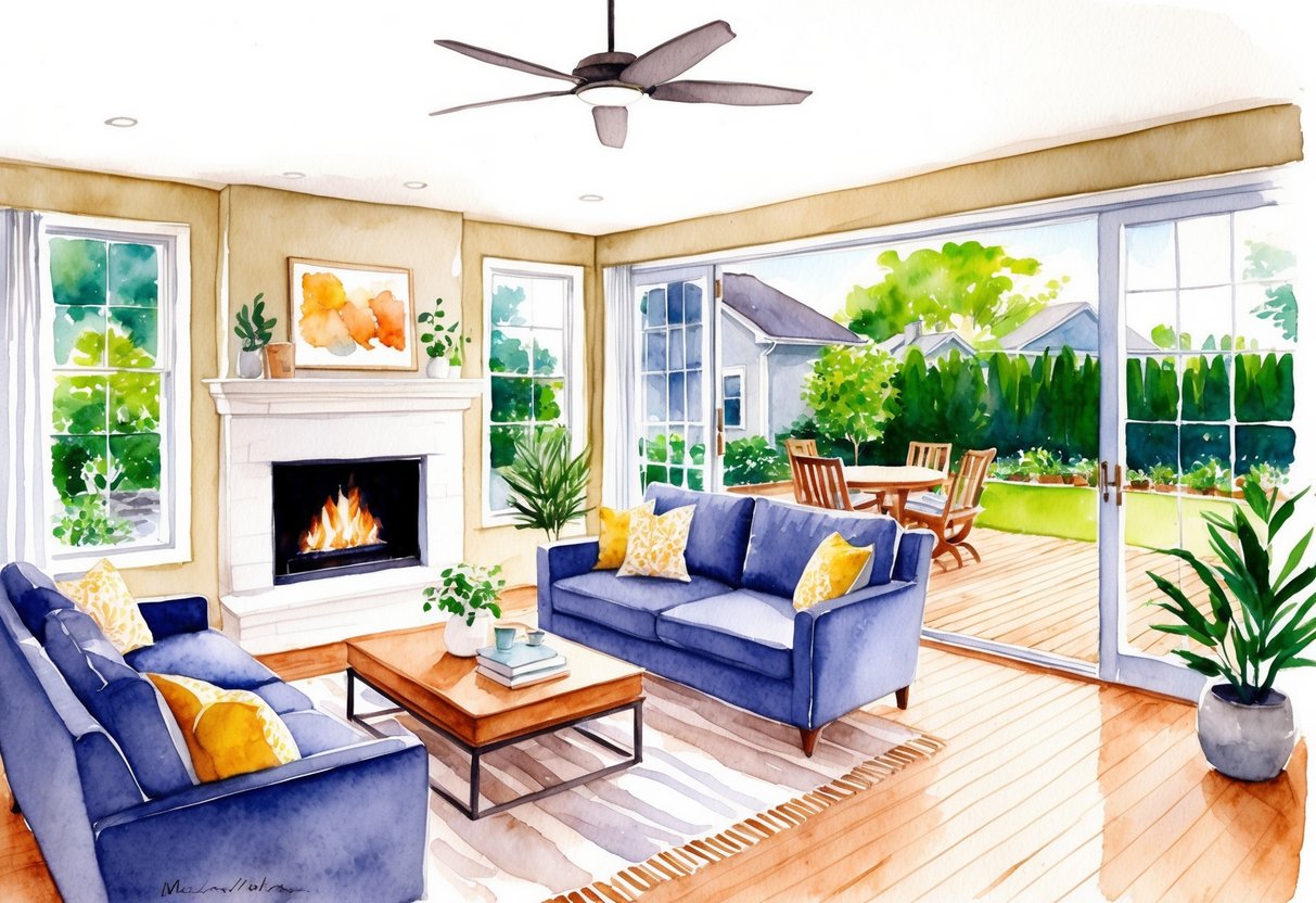 A cozy living room with a fireplace and large windows, overlooking a lush backyard with a garden and a wooden deck